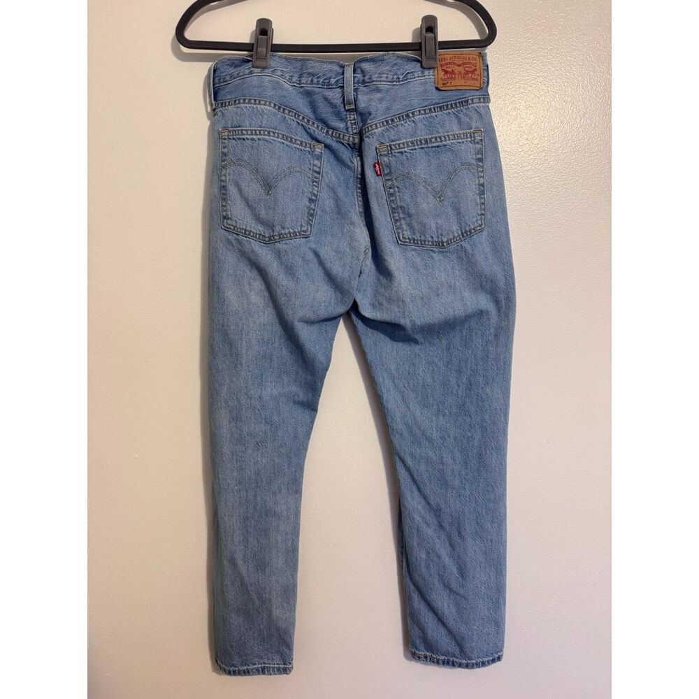 Levi's 501 T Taper Jeans Women's Men's 30x28 Light Wash Distressed Denim - Picture 2 of 5